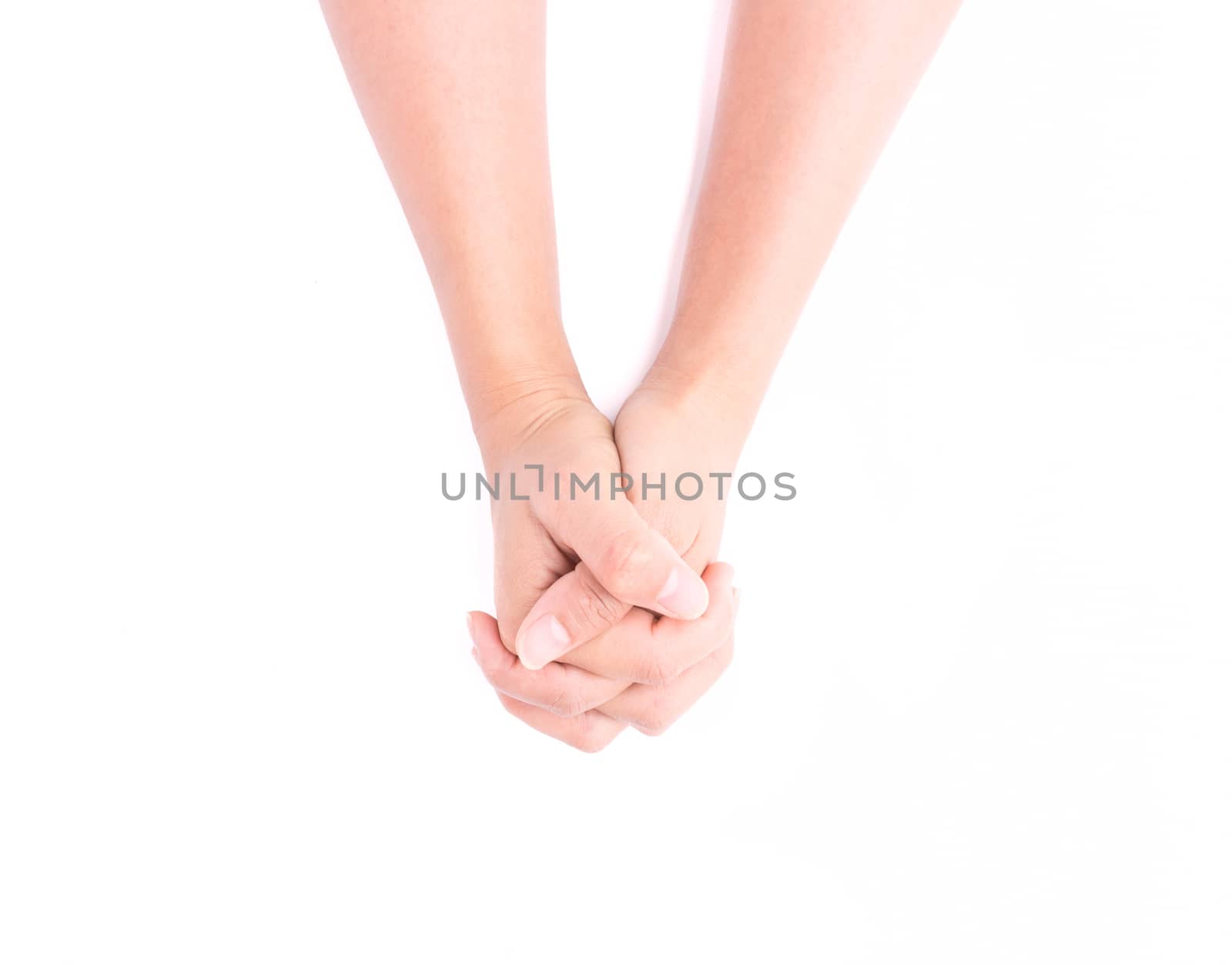 Woman hands praying on white background, religion concept
