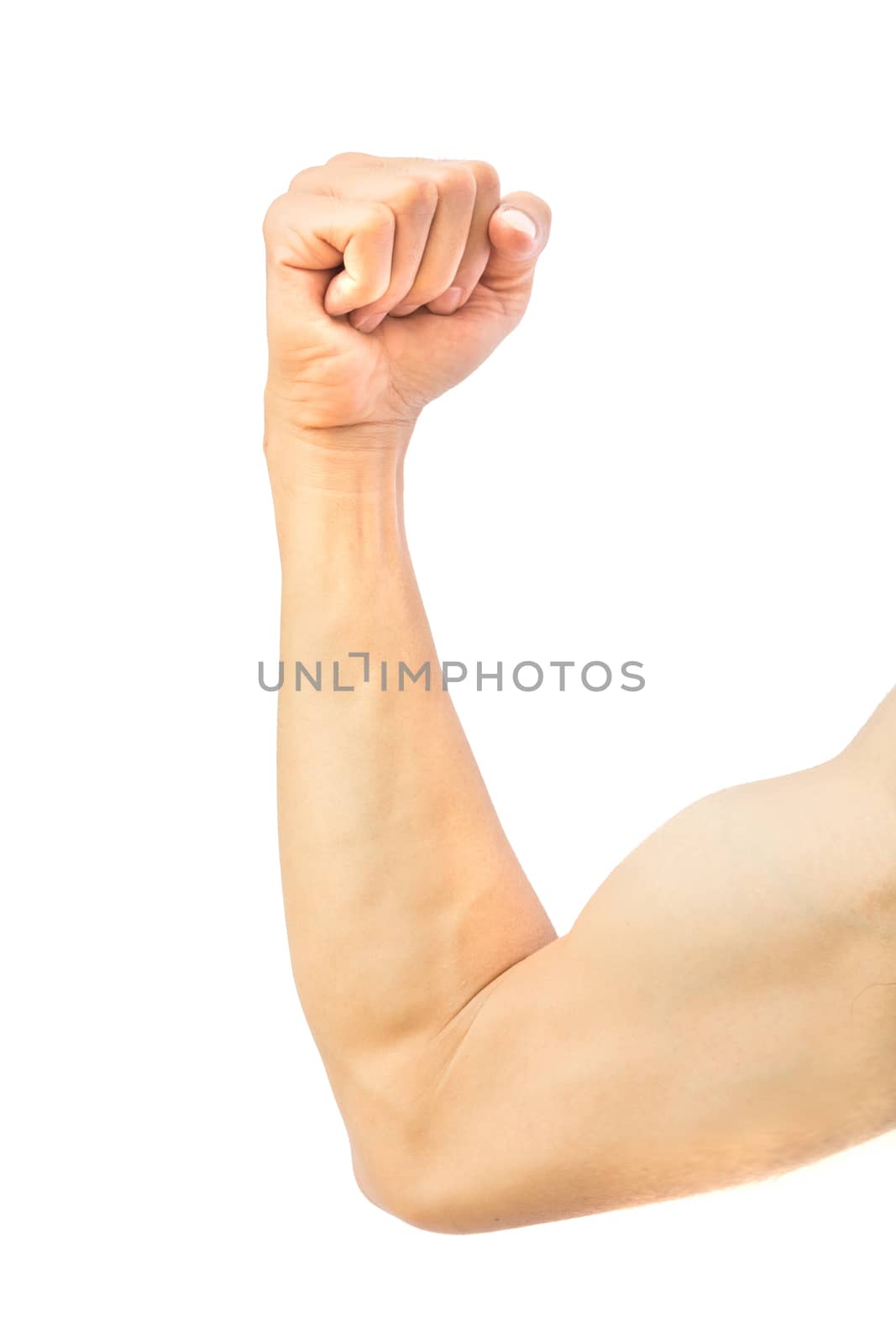 Man's arm strong with muscle on white background, health care concept