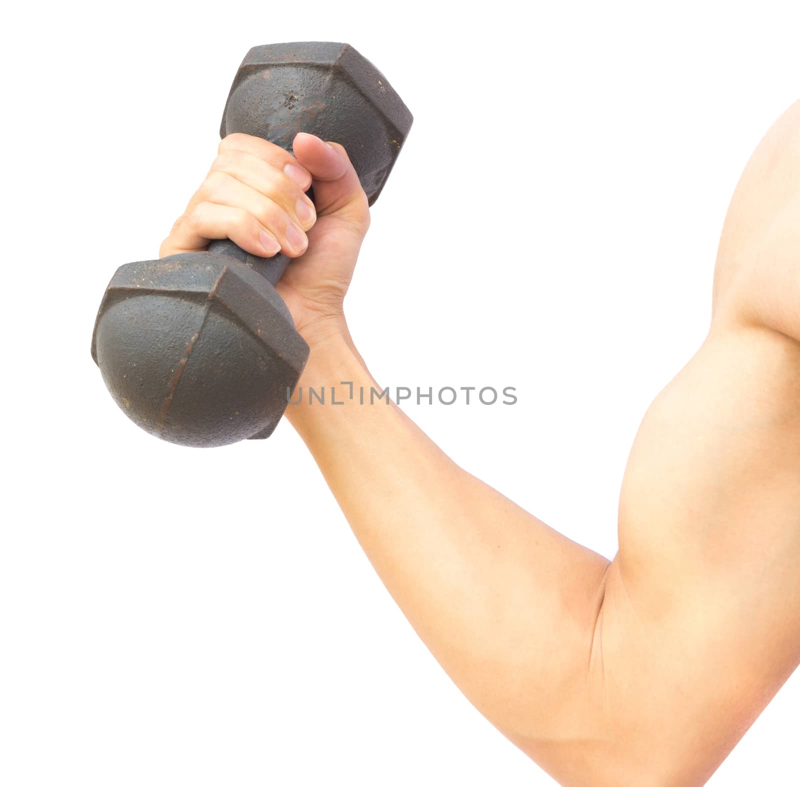 Man arm strong with dumbbell for healthy concept on white background