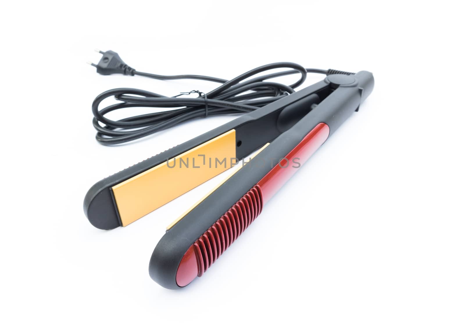 Modern hair straightener on white background, hair beauty concept