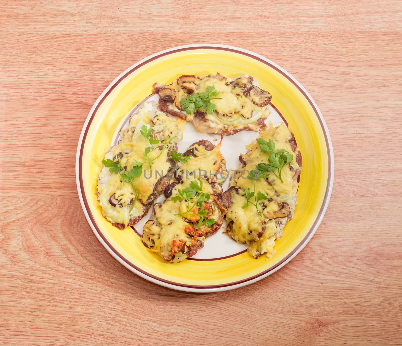 Pork chops baked with onion, mushrooms and cheese by anmbph