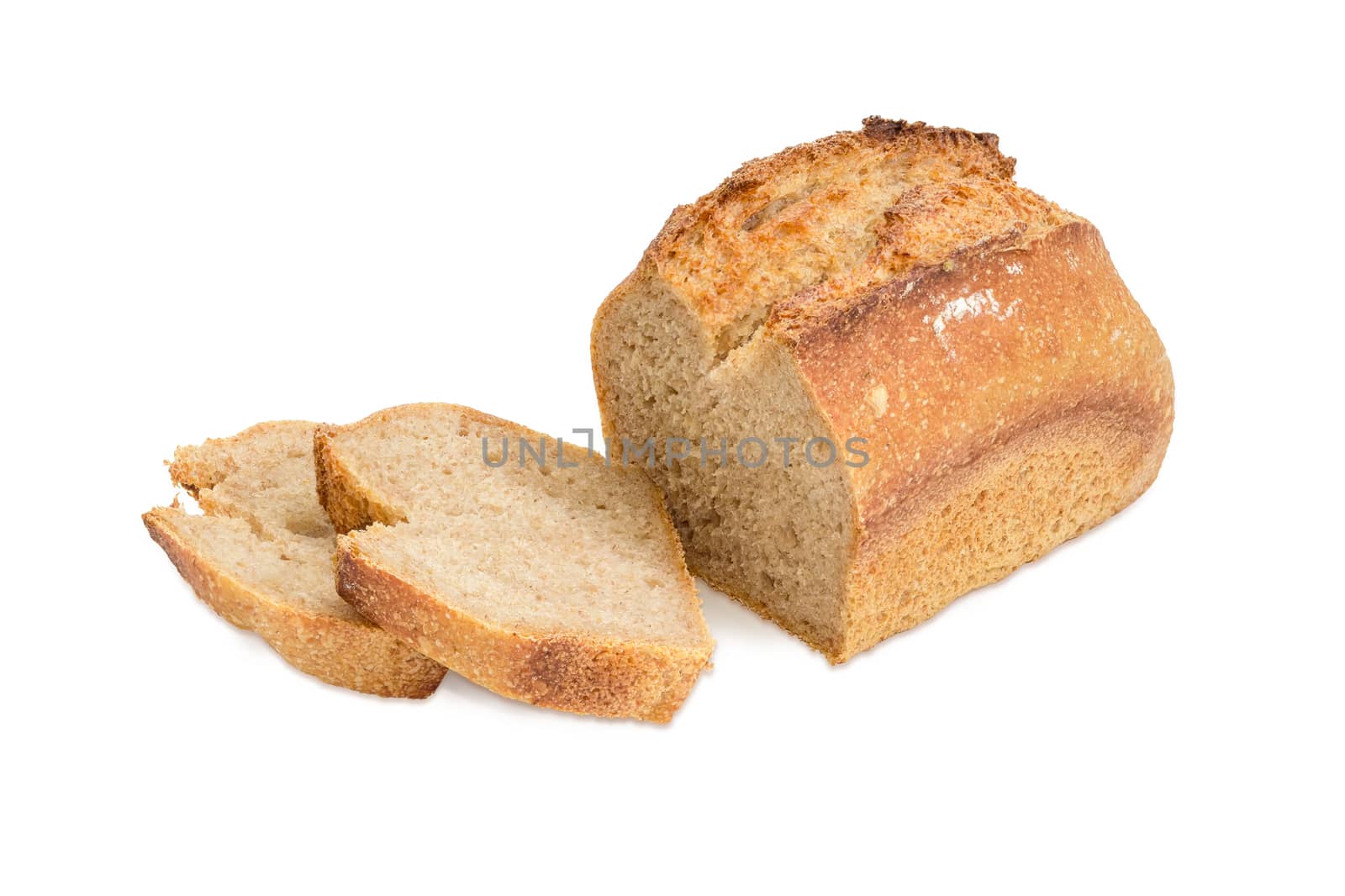 Partially cut loaf and two slices of the wheat sourdough bread on a white background
