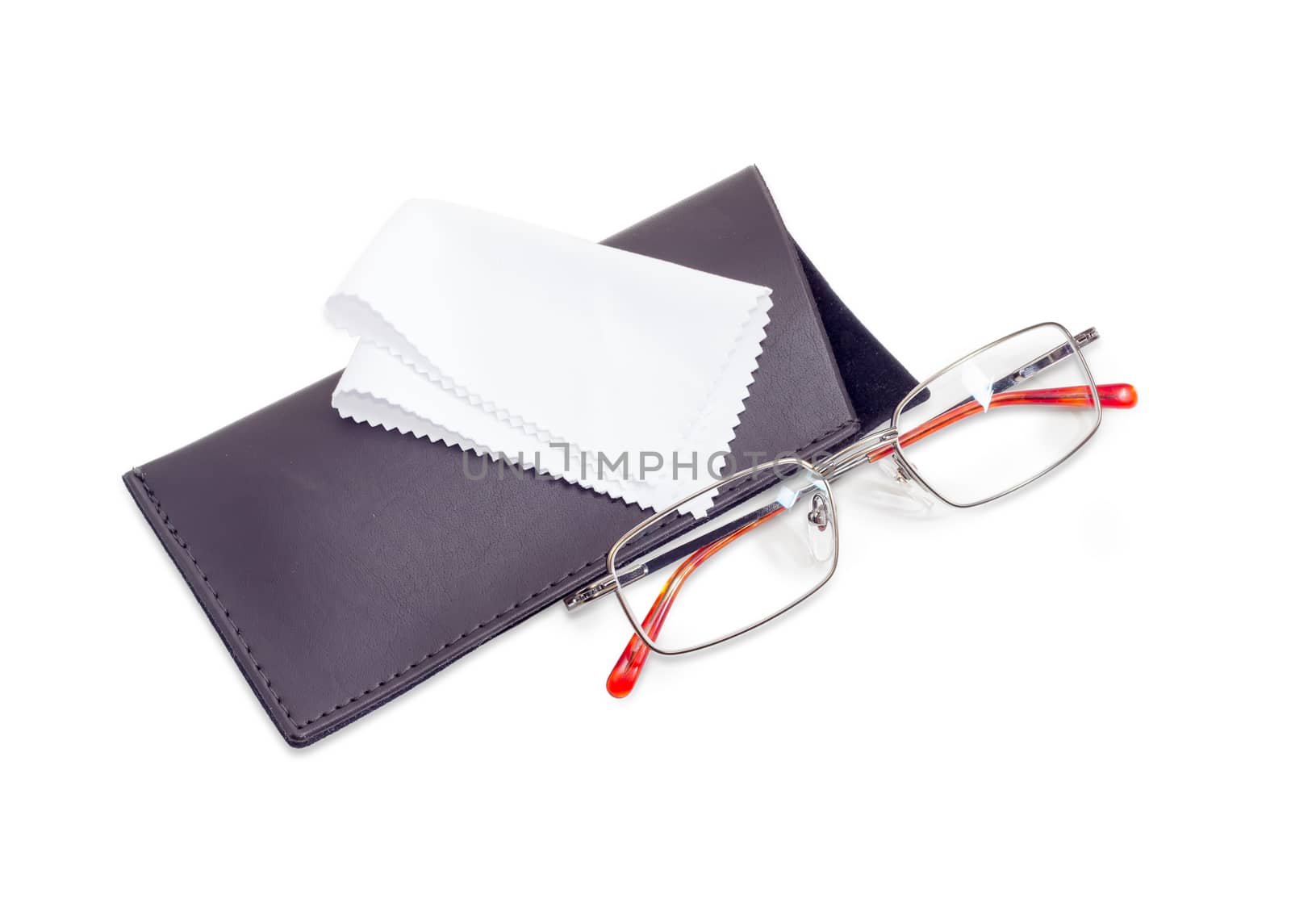 Modern pair of the classic men's eyeglasses in metal frame and soft spectacle-case with white wipes for glasses beside on a white background
