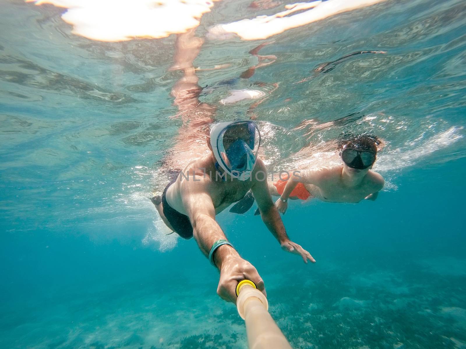 father and son snorkel in shallow water on coral fish by artush