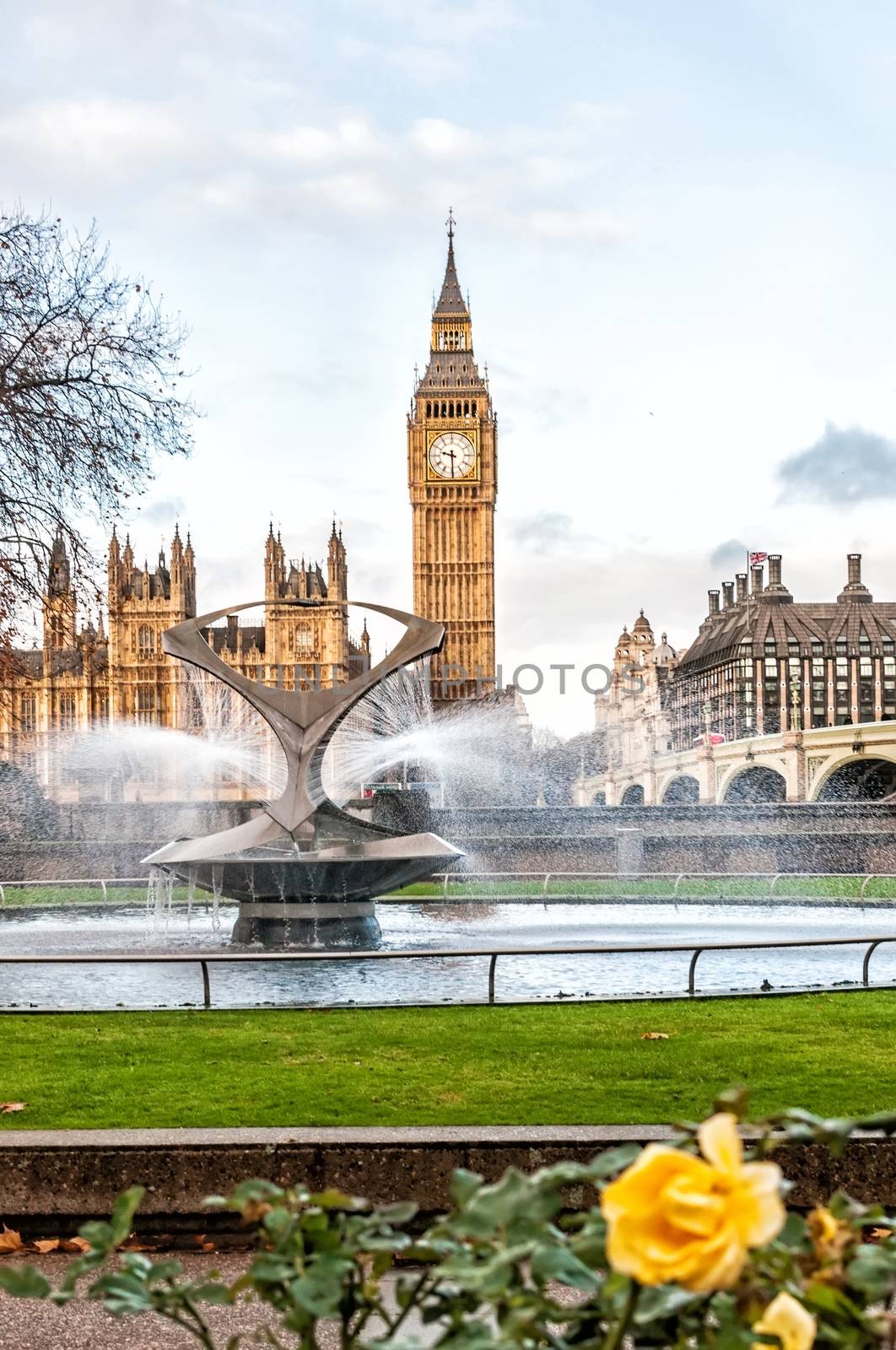Big Ben and the fountain of St Thomas Hospital Trust, London