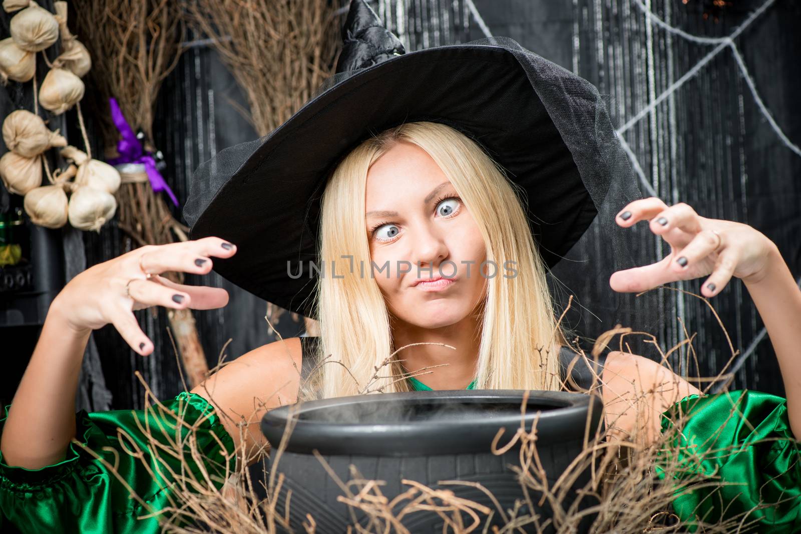 emotional cute witch cooking a potion in a cauldron