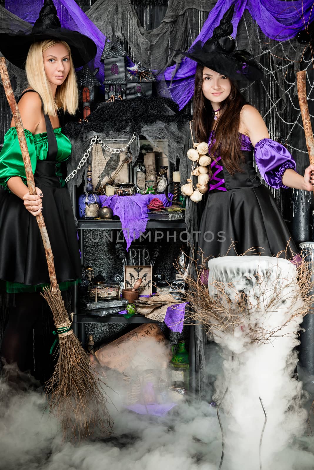 Beautiful young witches brewing a potion in a cauldron