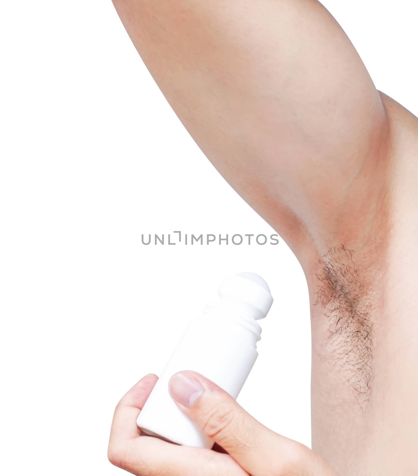 Mand hand holding roll on deodorant with black armpit on white background