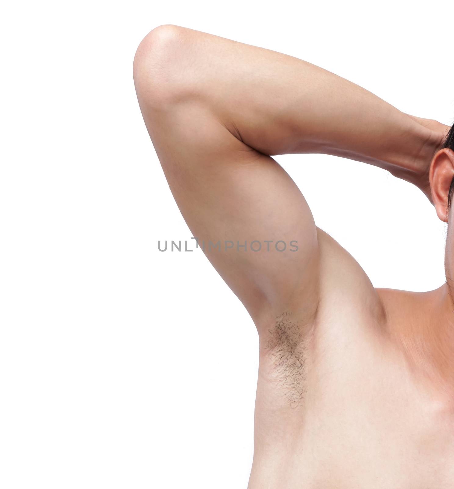 Closeup of man armpit and hair on white background, healthcare and beauty concept