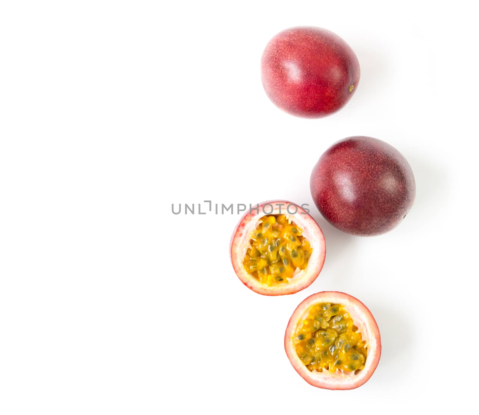 Closeup top view passion fruit on white background, fruit for healthy concept
