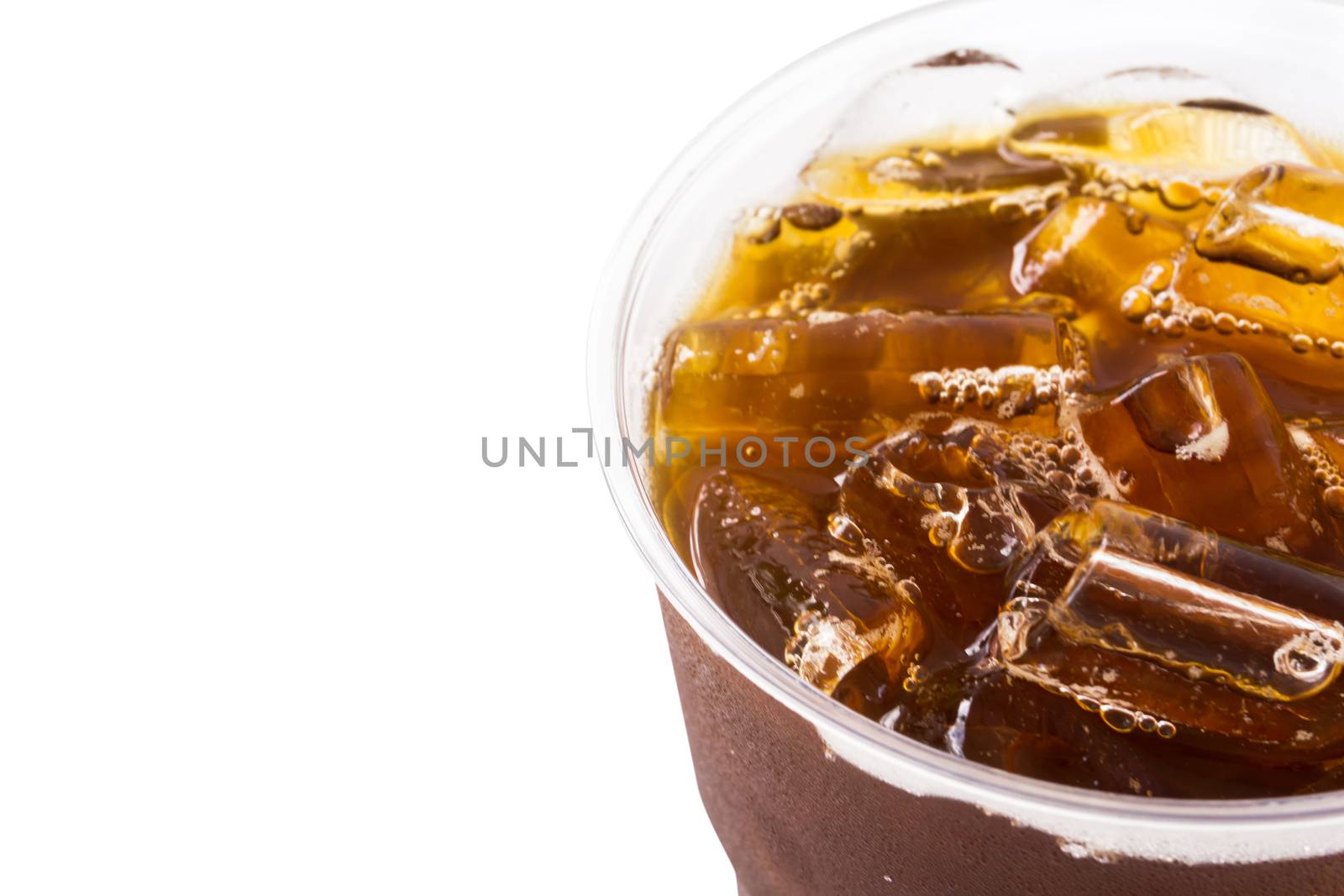 Close up ice of americano or black coffee with white background