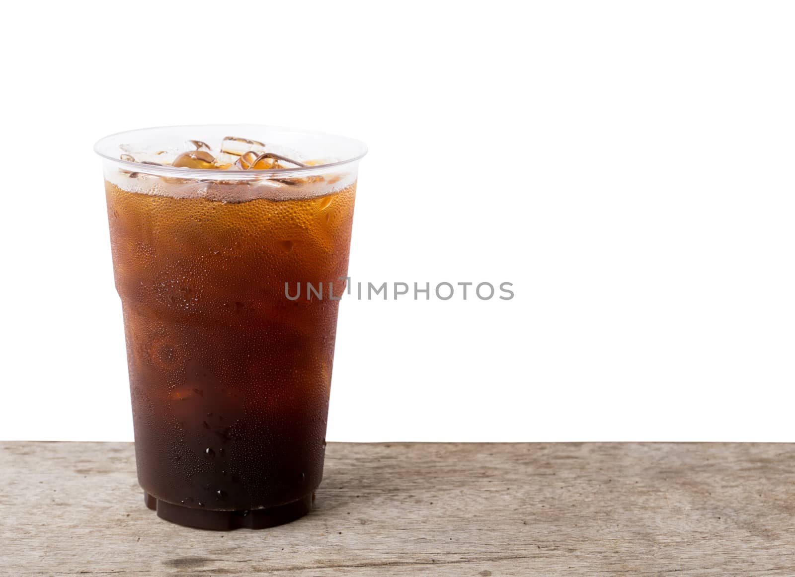 Close up ice of americano or black coffee on wood table with white background
