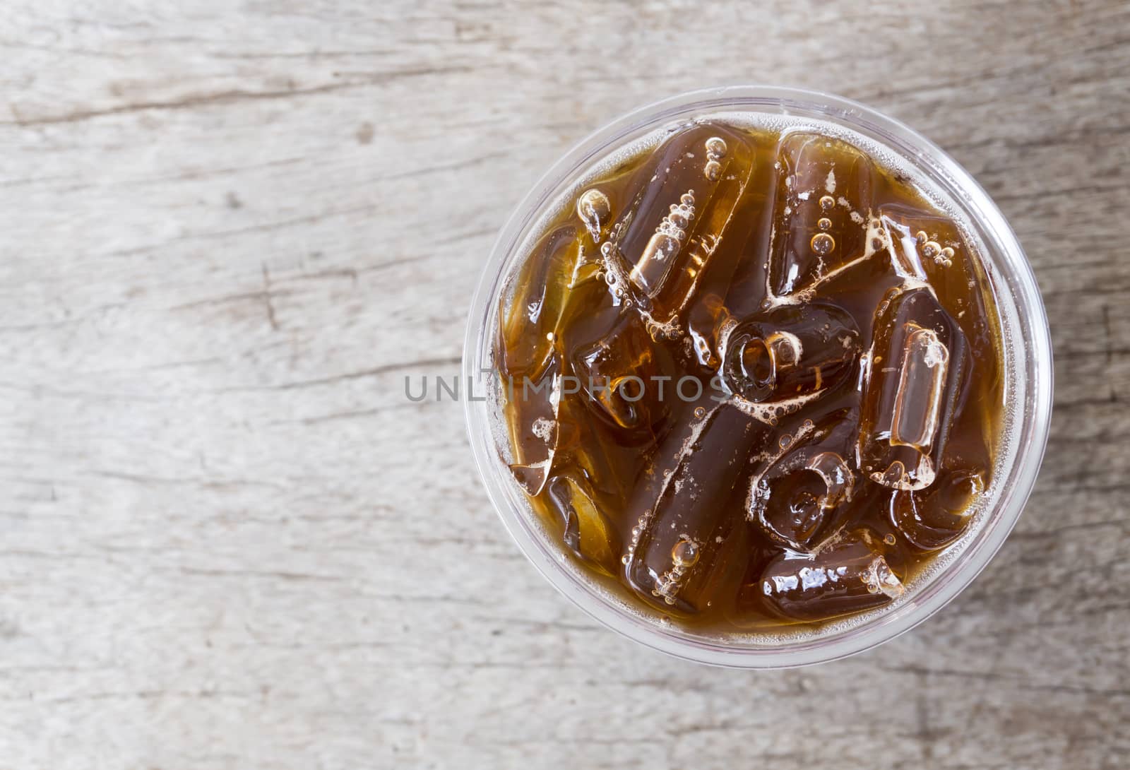Close up top view ice of americano or black coffee on wood background