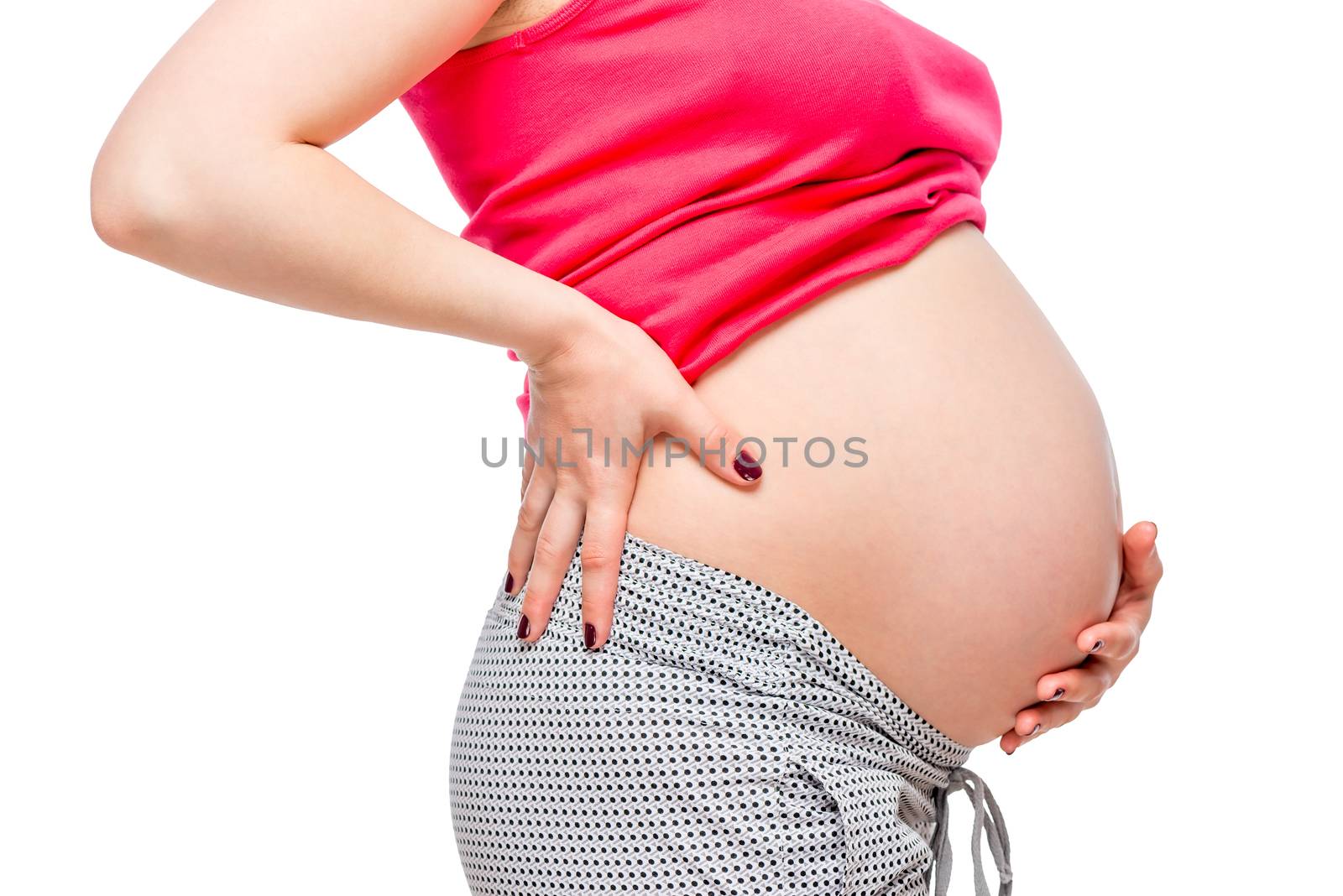 Close-up of a large belly of a pregnant woman, pain in the back, by kosmsos111