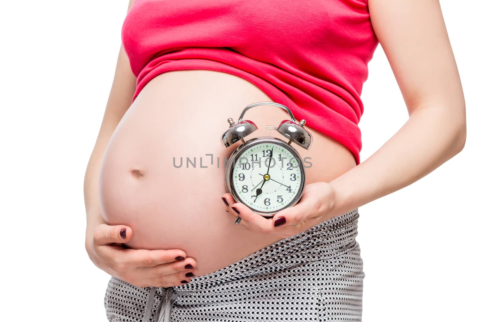 big pregnant belly and alarm clock closeup isolated on white background