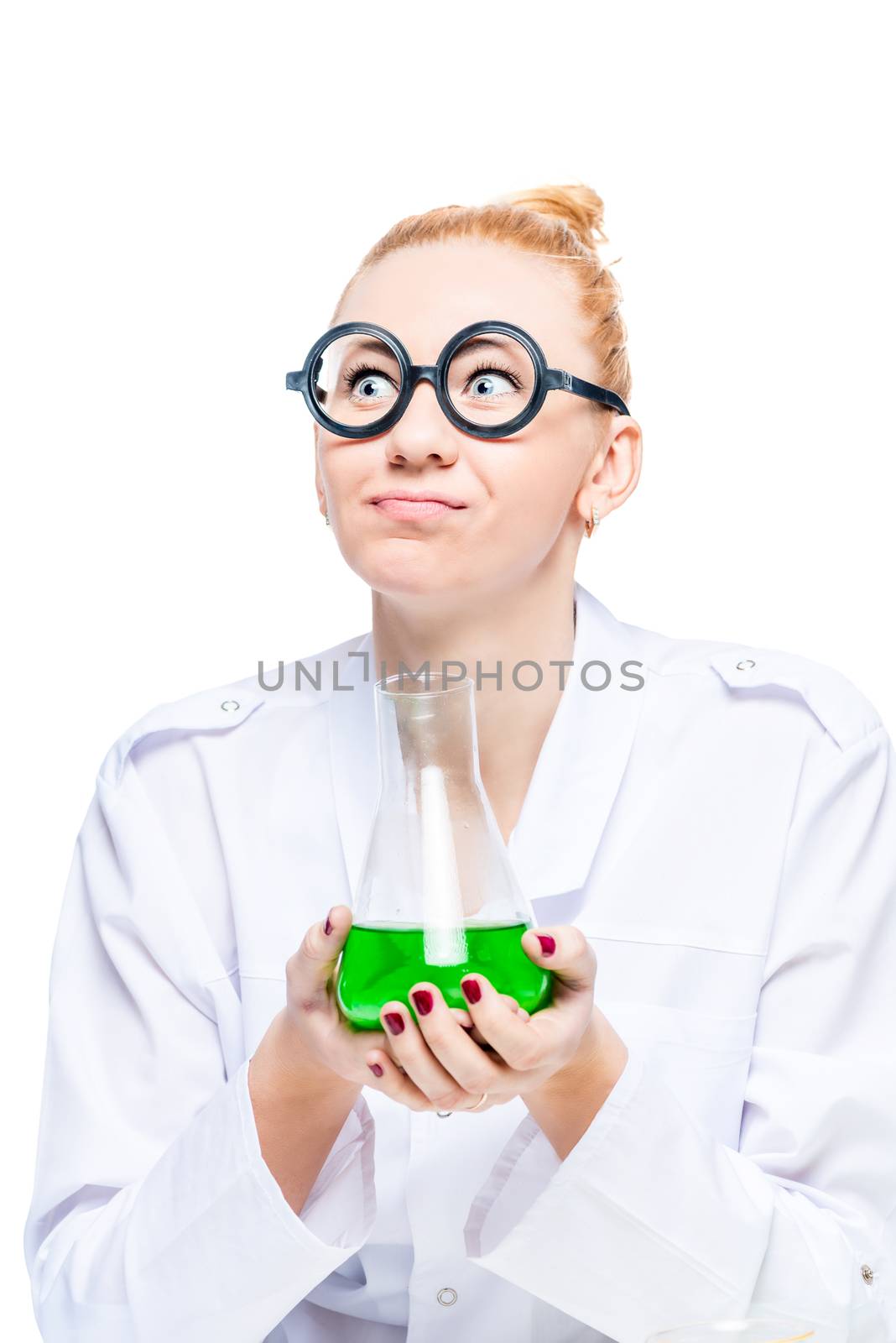 smiling blonde in funny glasses posing with a test tube