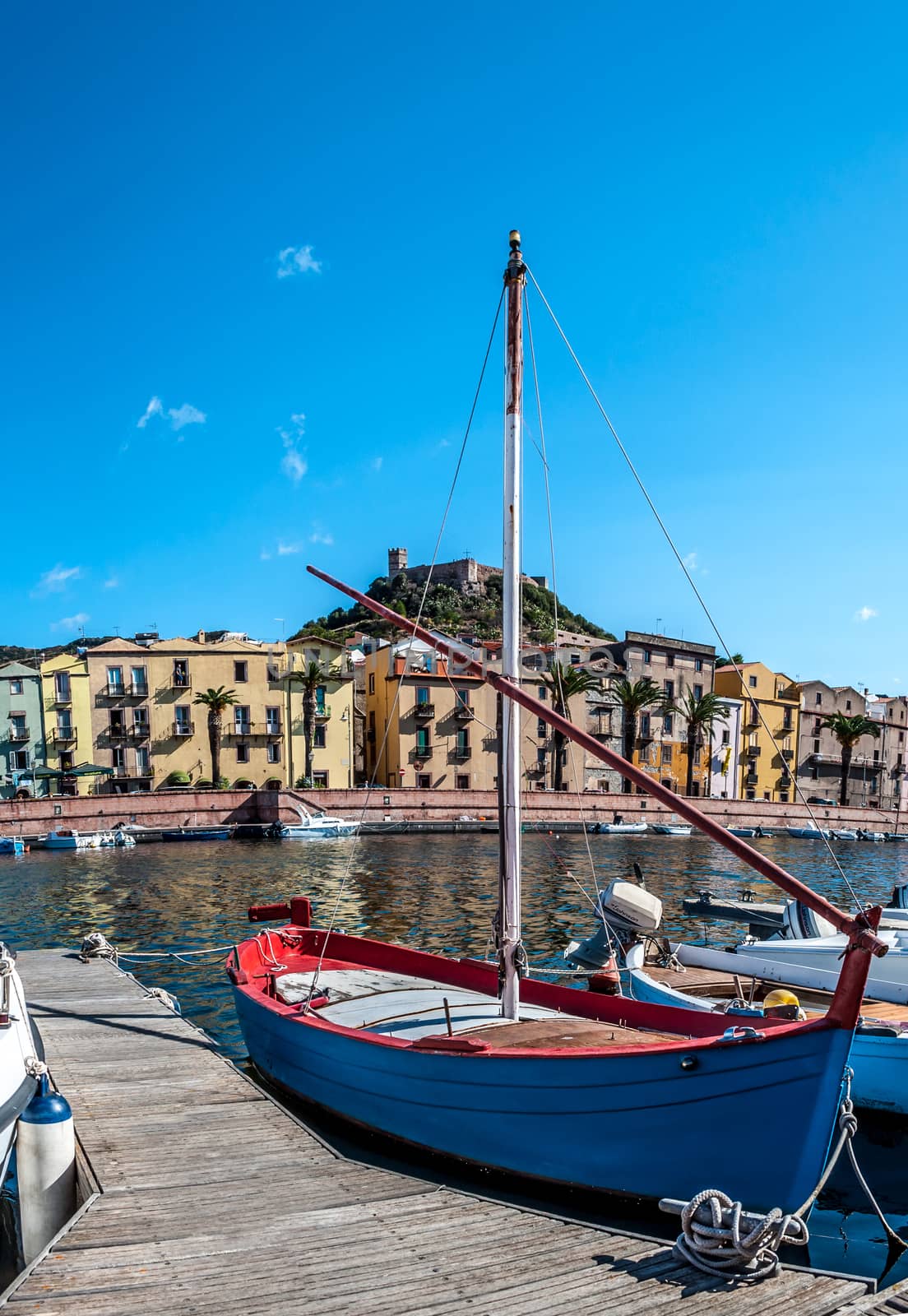 View of ancient village of Bosa on Temo river in a sunny morning of summer - Sardinia - Italy