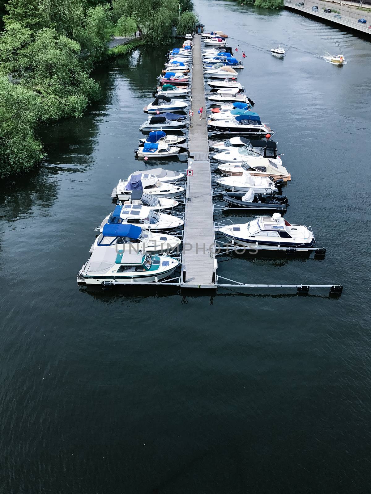 Beautiful boats. Aerial view of colorful boats in Stockholm, Sweden by Softulka