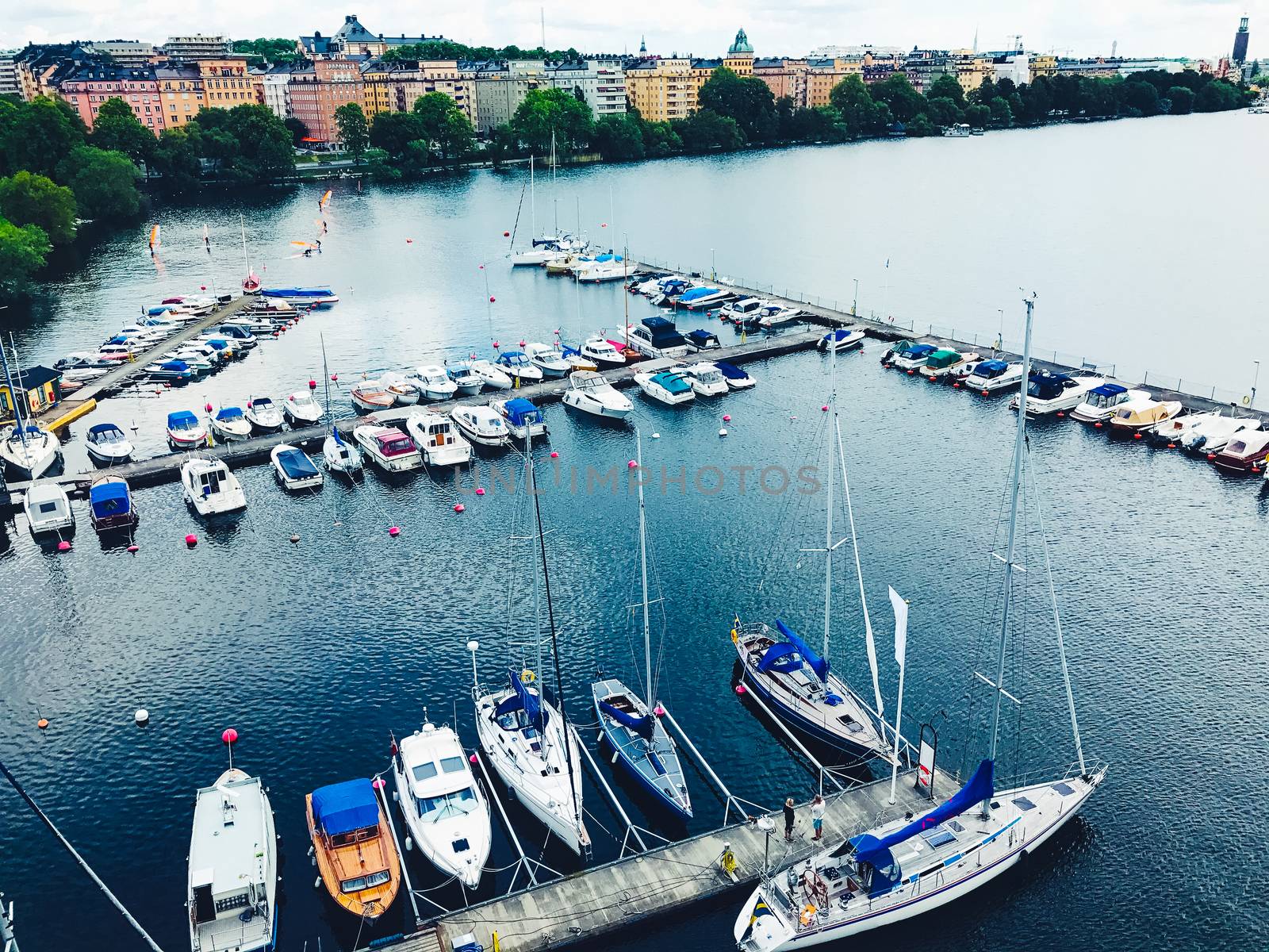 Beautiful boats. Aerial view of colorful boats in Stockholm, Sweden by Softulka