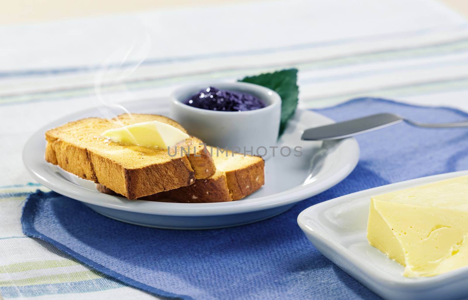 useful healthy breakfast with toast, butter and jam