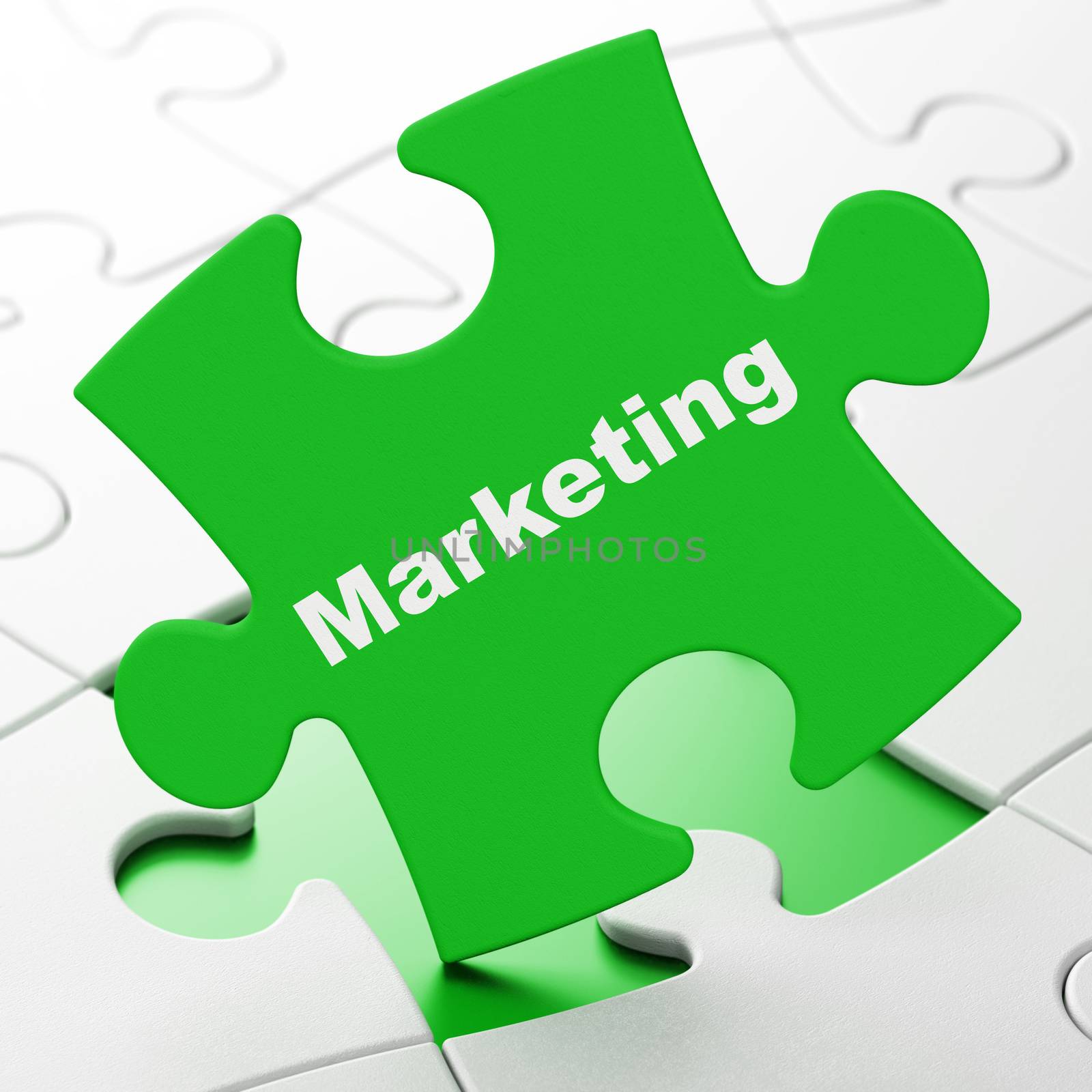 Advertising concept: Marketing on Green puzzle pieces background, 3D rendering