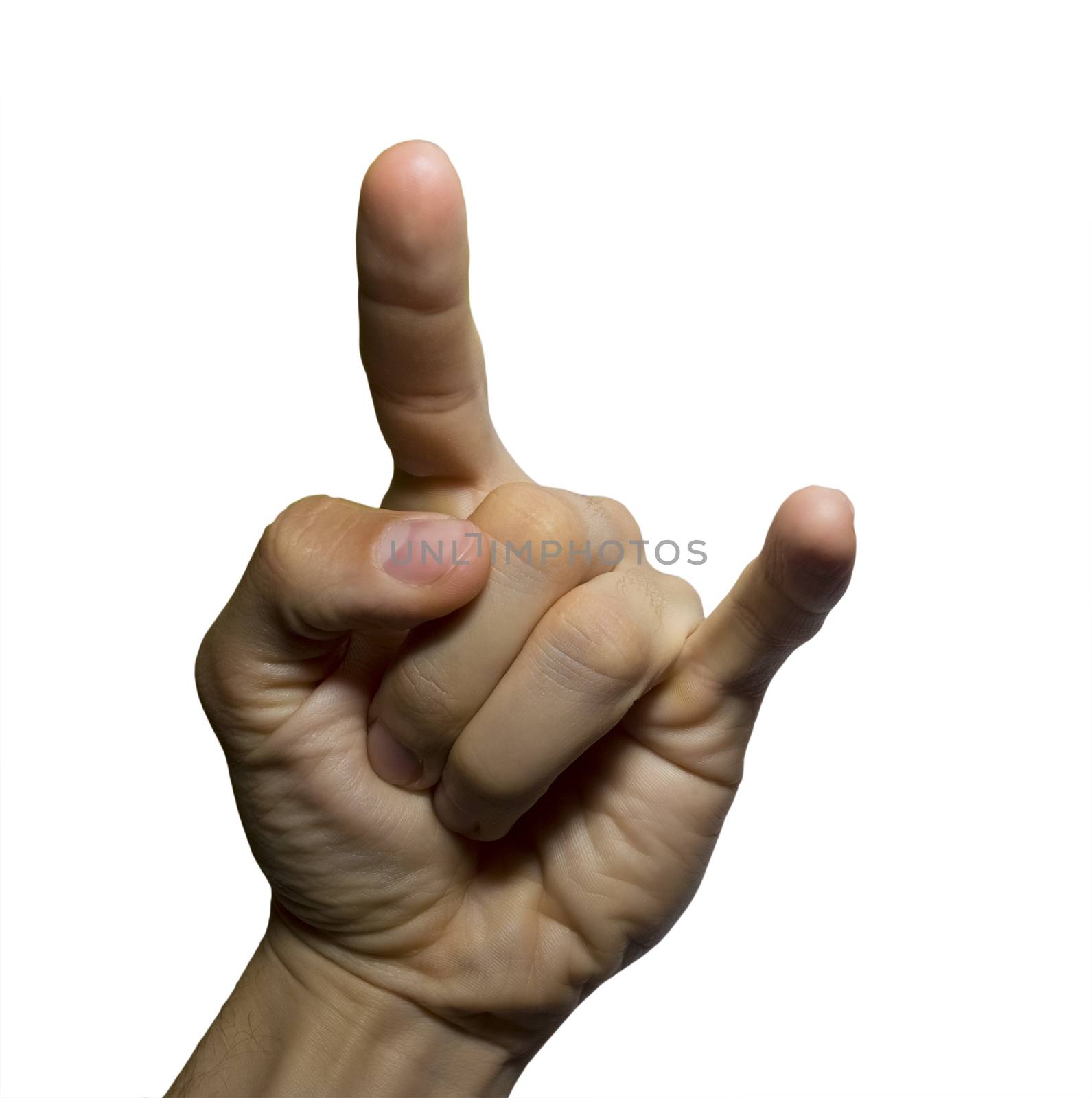 Hand showing rock n roll sign isolated on white background