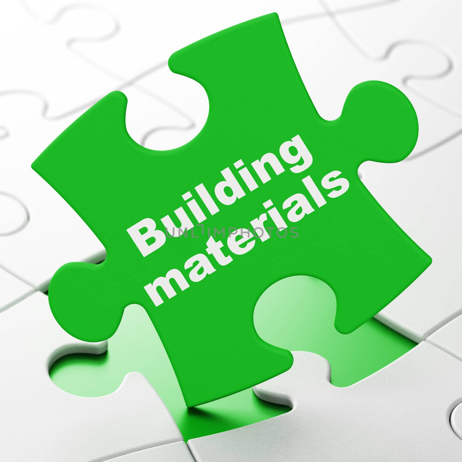 Constructing concept: Building Materials on Green puzzle pieces background, 3D rendering