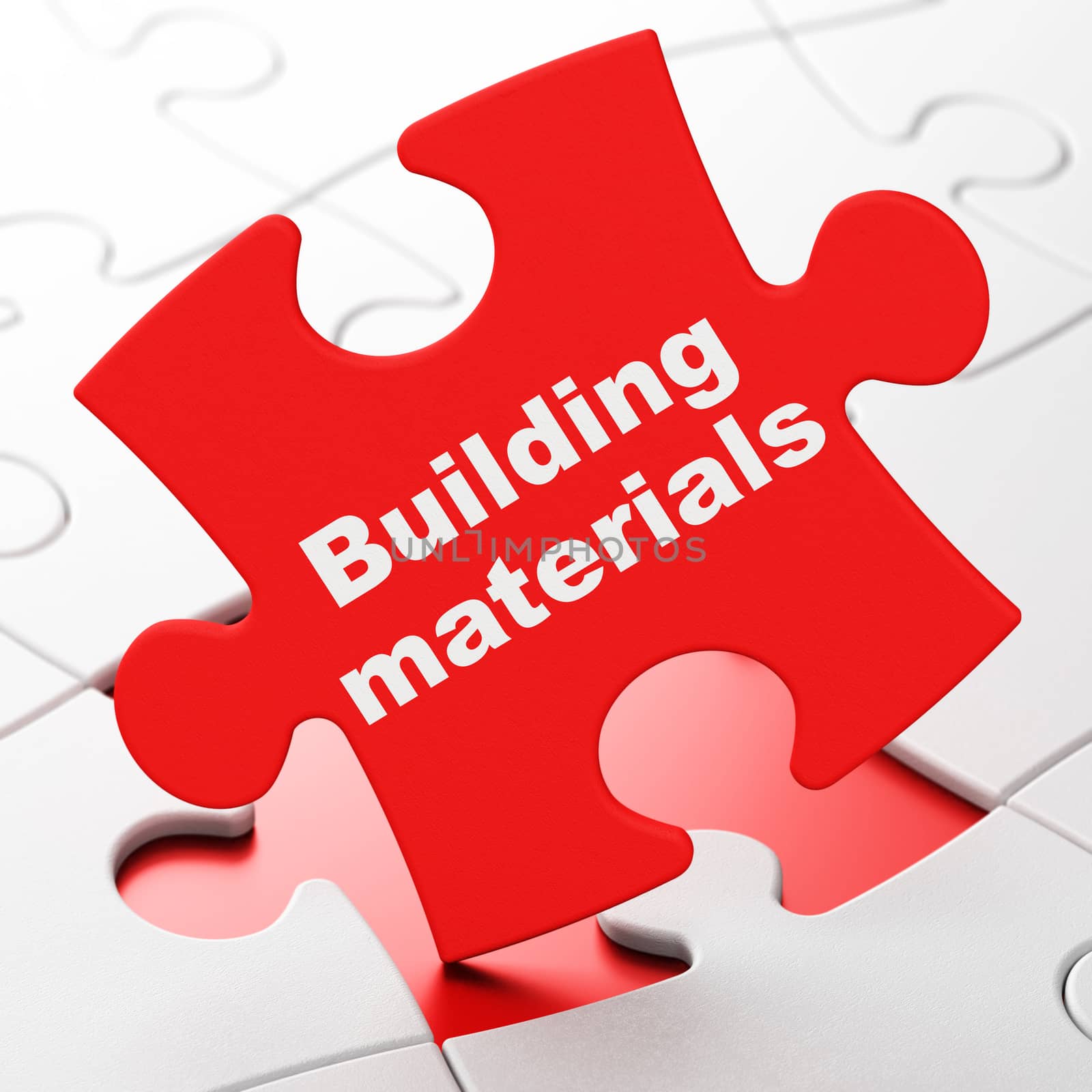 Constructing concept: Building Materials on Red puzzle pieces background, 3D rendering
