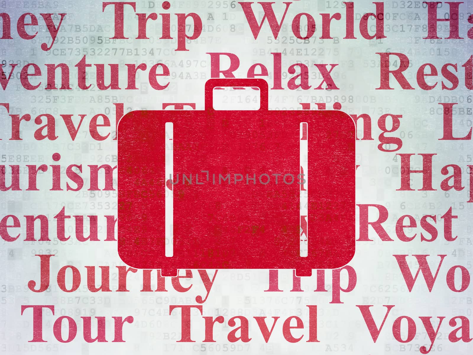 Tourism concept: Painted red Bag icon on Digital Data Paper background with  Tag Cloud
