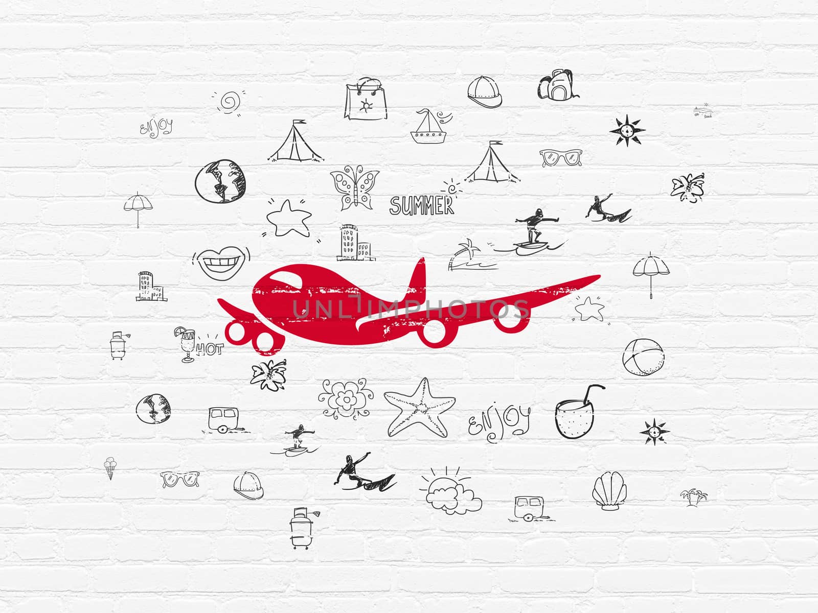 Tourism concept: Painted red Airplane icon on White Brick wall background with  Hand Drawn Vacation Icons