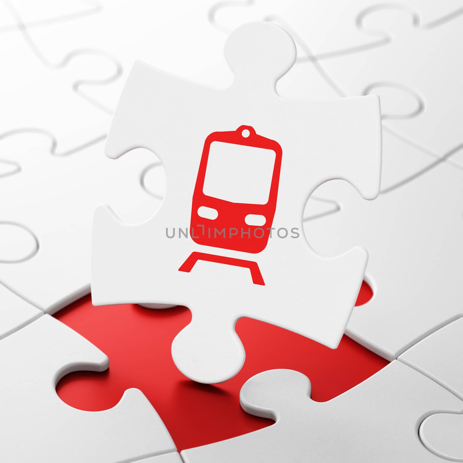 Tourism concept: Train on White puzzle pieces background, 3D rendering