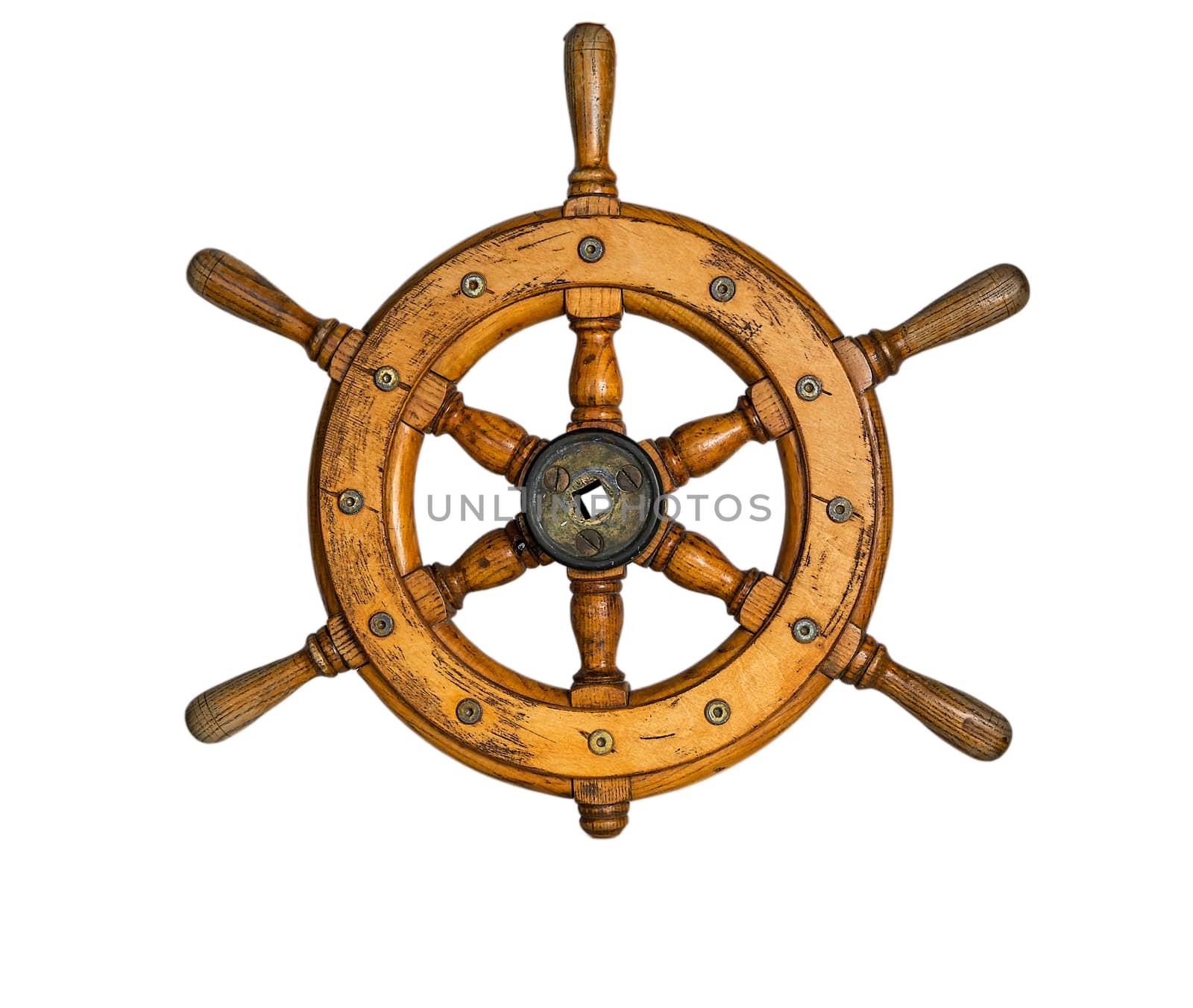 Isolated Vintage Wooden And Brass Ship's Steering Wheel With White Background