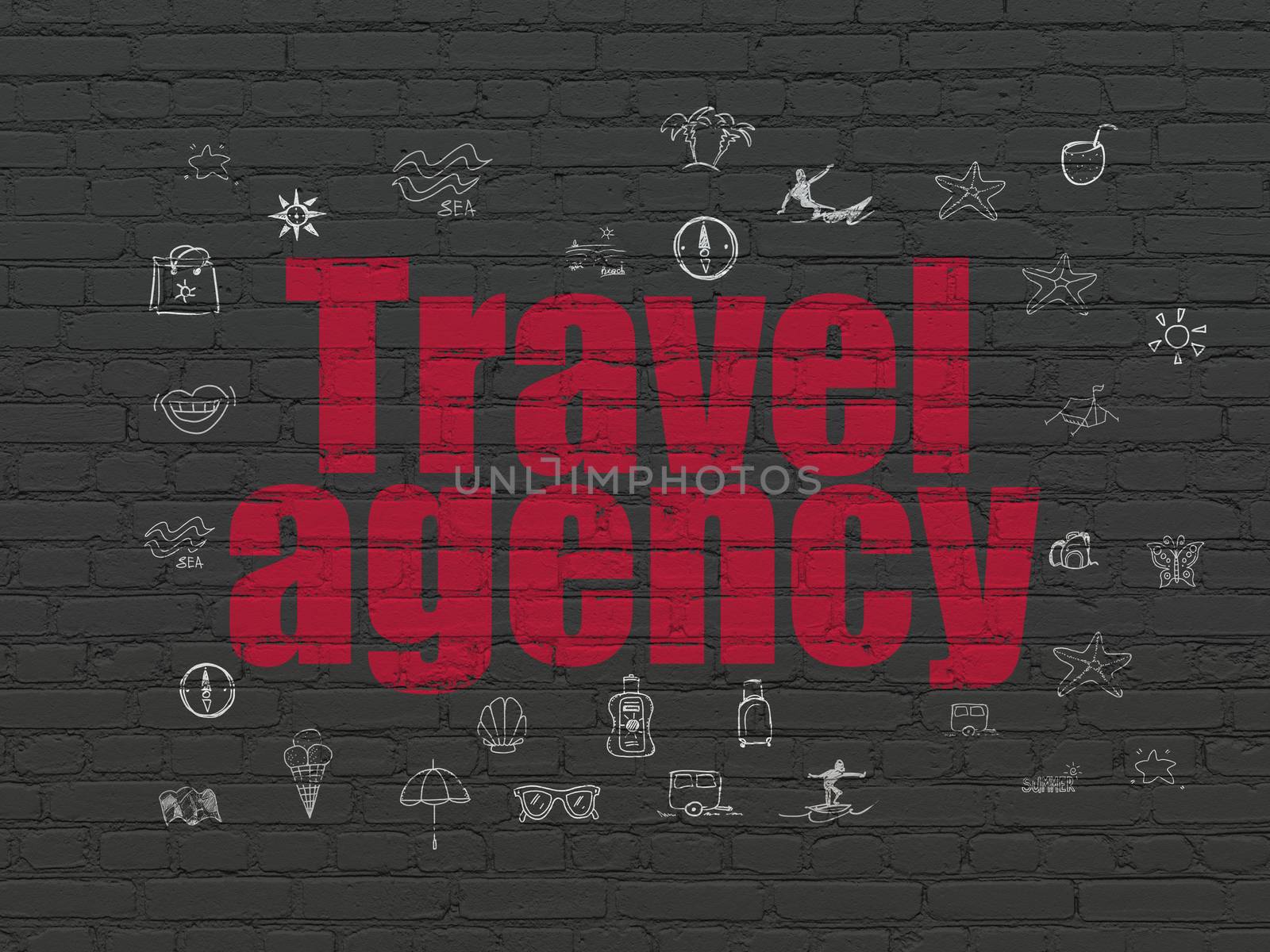Tourism concept: Painted red text Travel Agency on Black Brick wall background with  Hand Drawn Vacation Icons