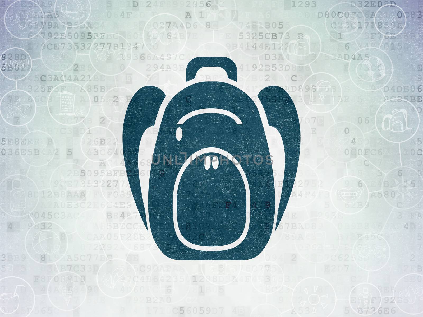 Tourism concept: Painted blue Backpack icon on Digital Data Paper background with Scheme Of Hand Drawn Vacation Icons