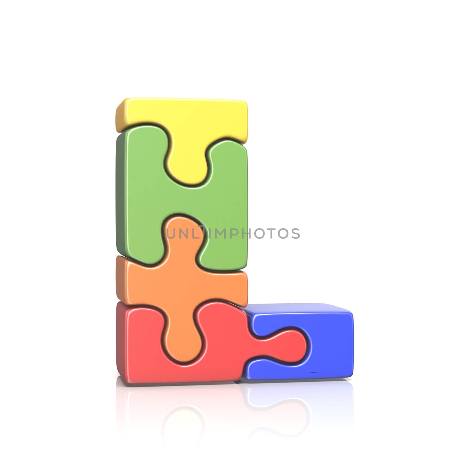 Puzzle jigsaw letter L 3D render illustration isolated on white background