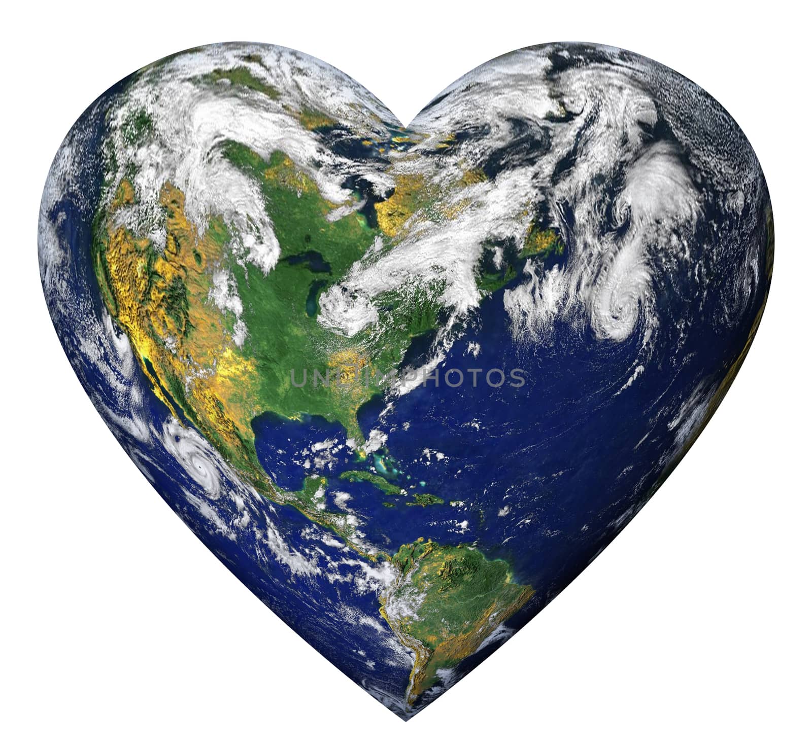 The planet earth shaped as a heart and isolated from the background with a clipping path.