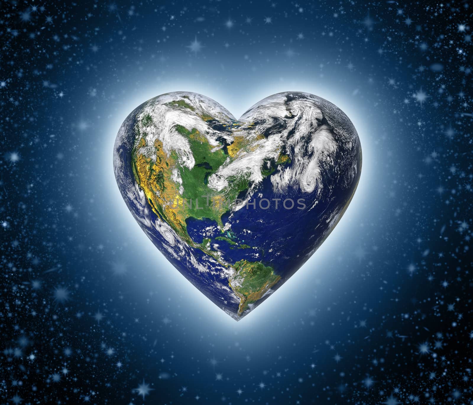 The planet earth shaped as a heart against a starry background.