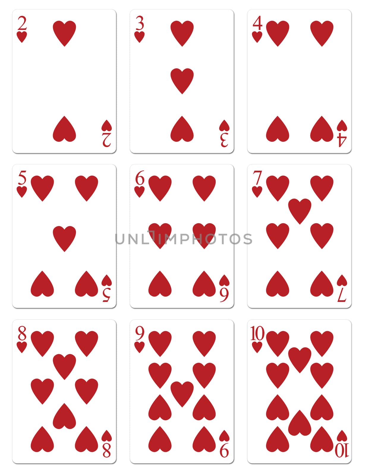 My illustration of heart playing cards 2 through 10.