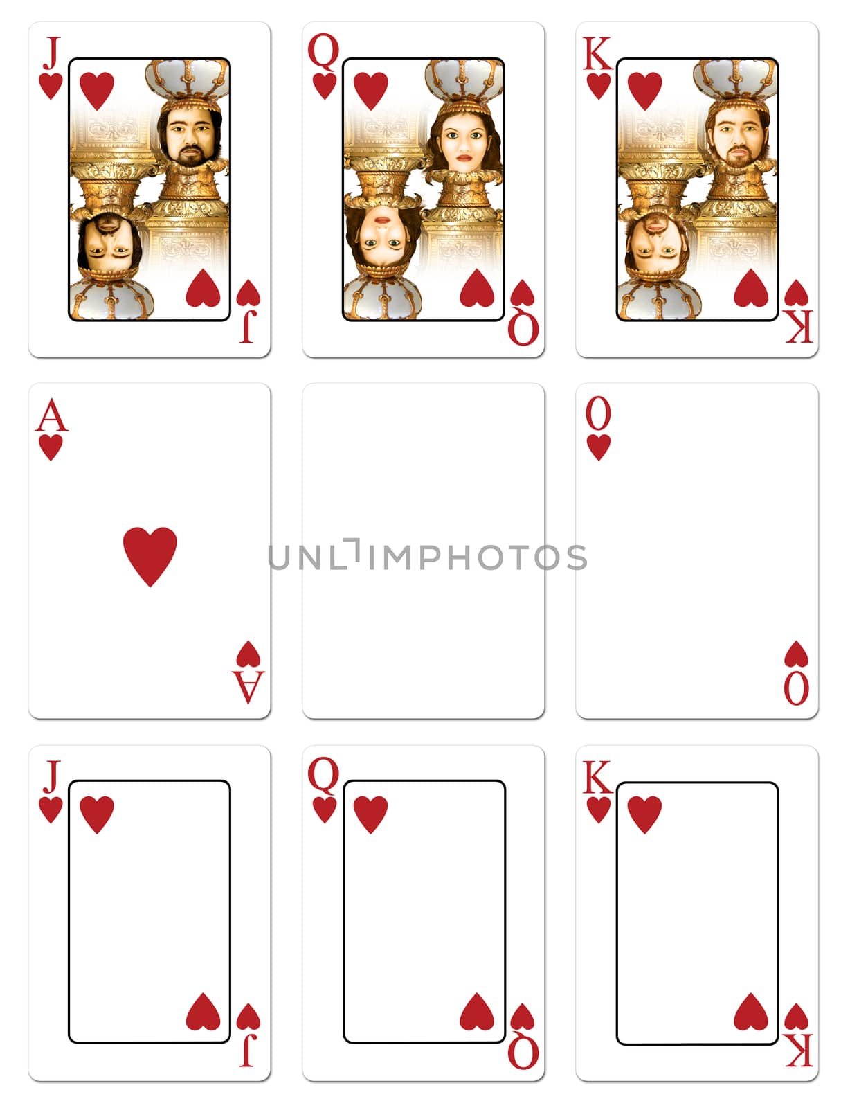 My illustration of heart playing cards: Jack through Ace, plus blank versions with a clipping path to insert your own images.