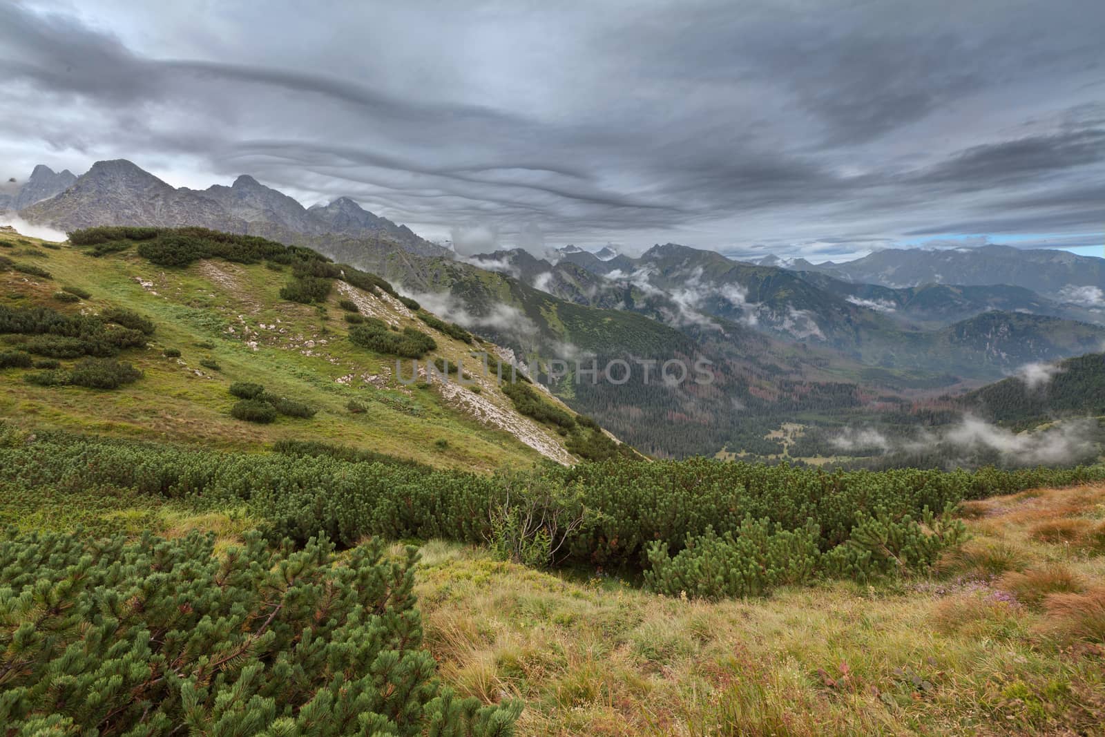 View on high Tatra Mountains with dramatic cloudy sky