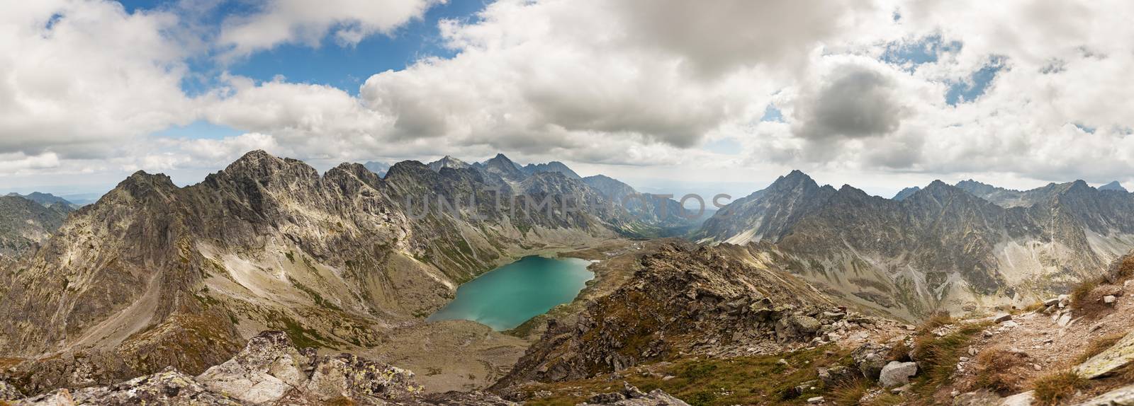 Alpine lake Velke Hincovo Pleso from Slavkovsky stit, with a great view on High Tatra mountains.