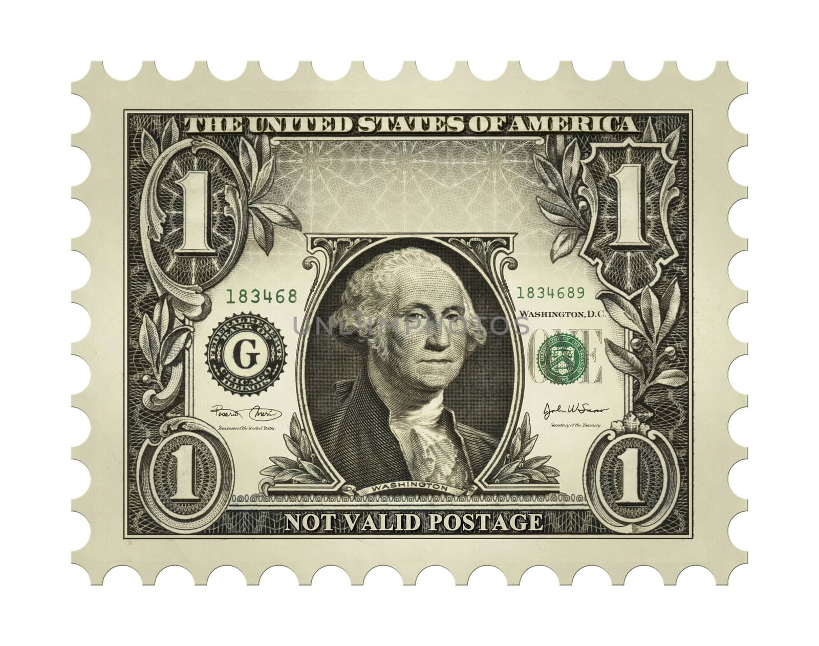 Photo-Illustration using a one dollar bill retouched and re-illustrated to create a faux postage stamp.