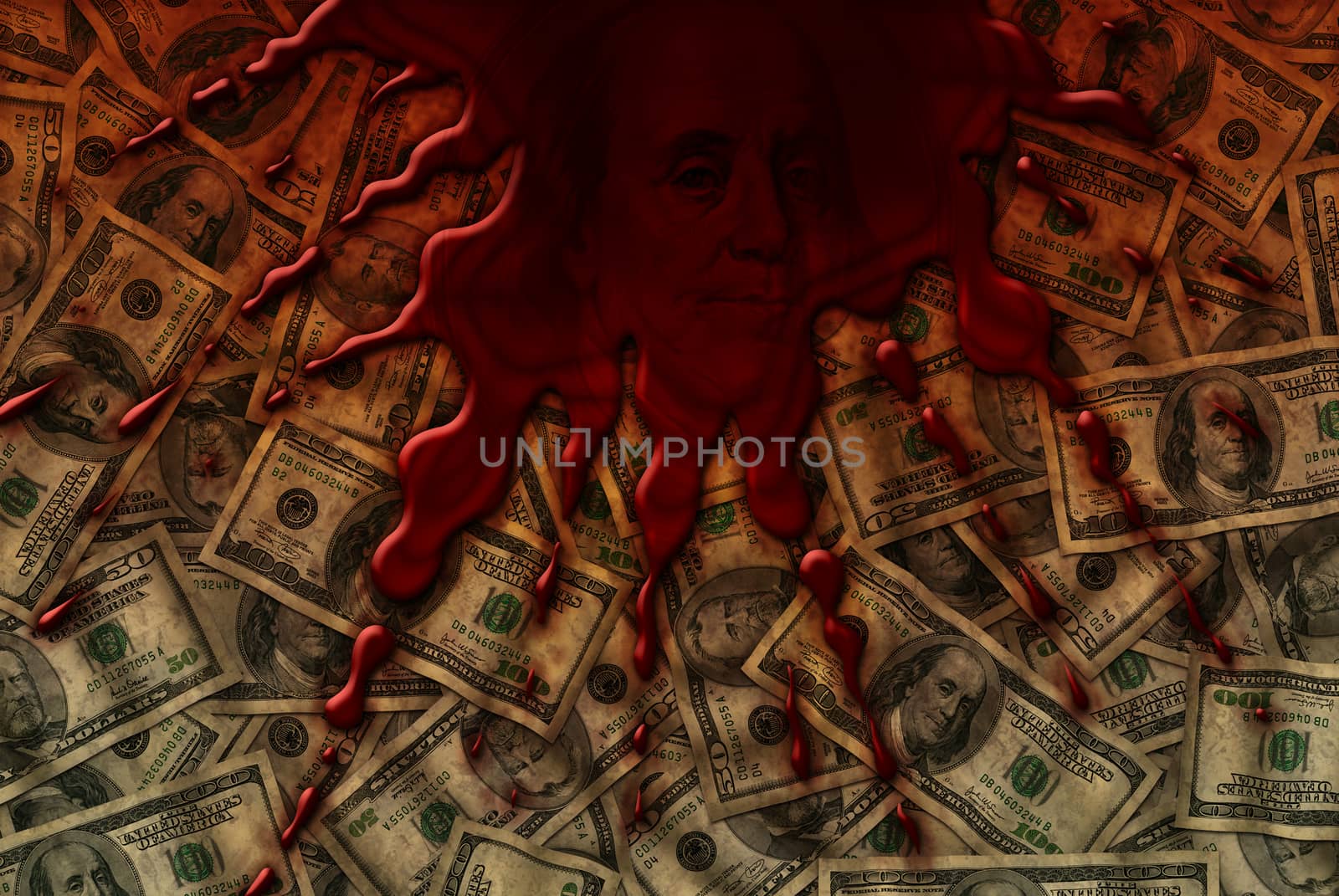 Background of fifty and one hundred dollar bills with blood spatter on top.