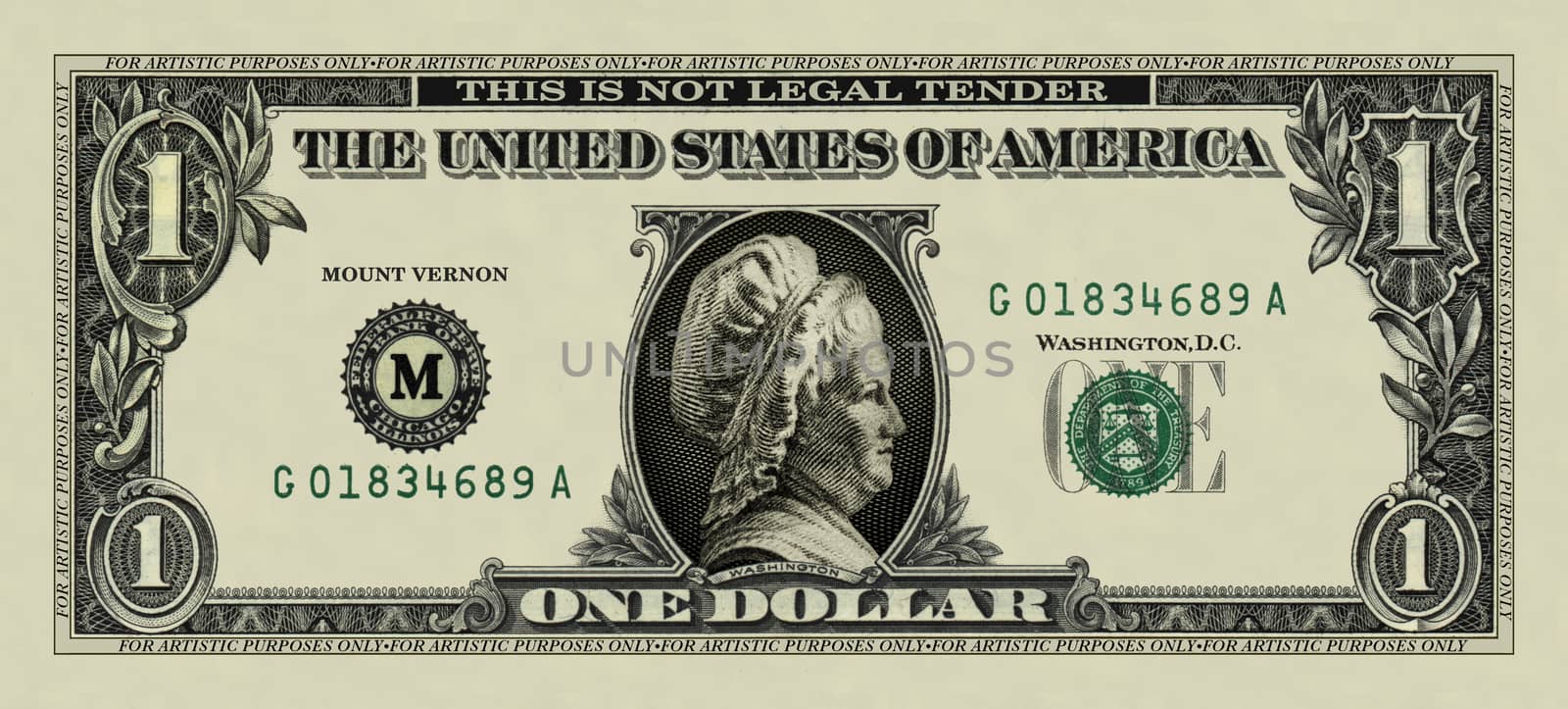 Photo illustration of a dollar bill substituted with Martha Washington's portrait, pulled from my photo of a United States postage stamp (circa 1938).