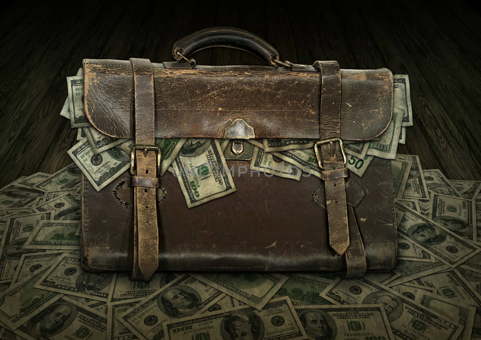 Antique briefcase filled and overflowing with money, fifty and one hundred dollar bills.