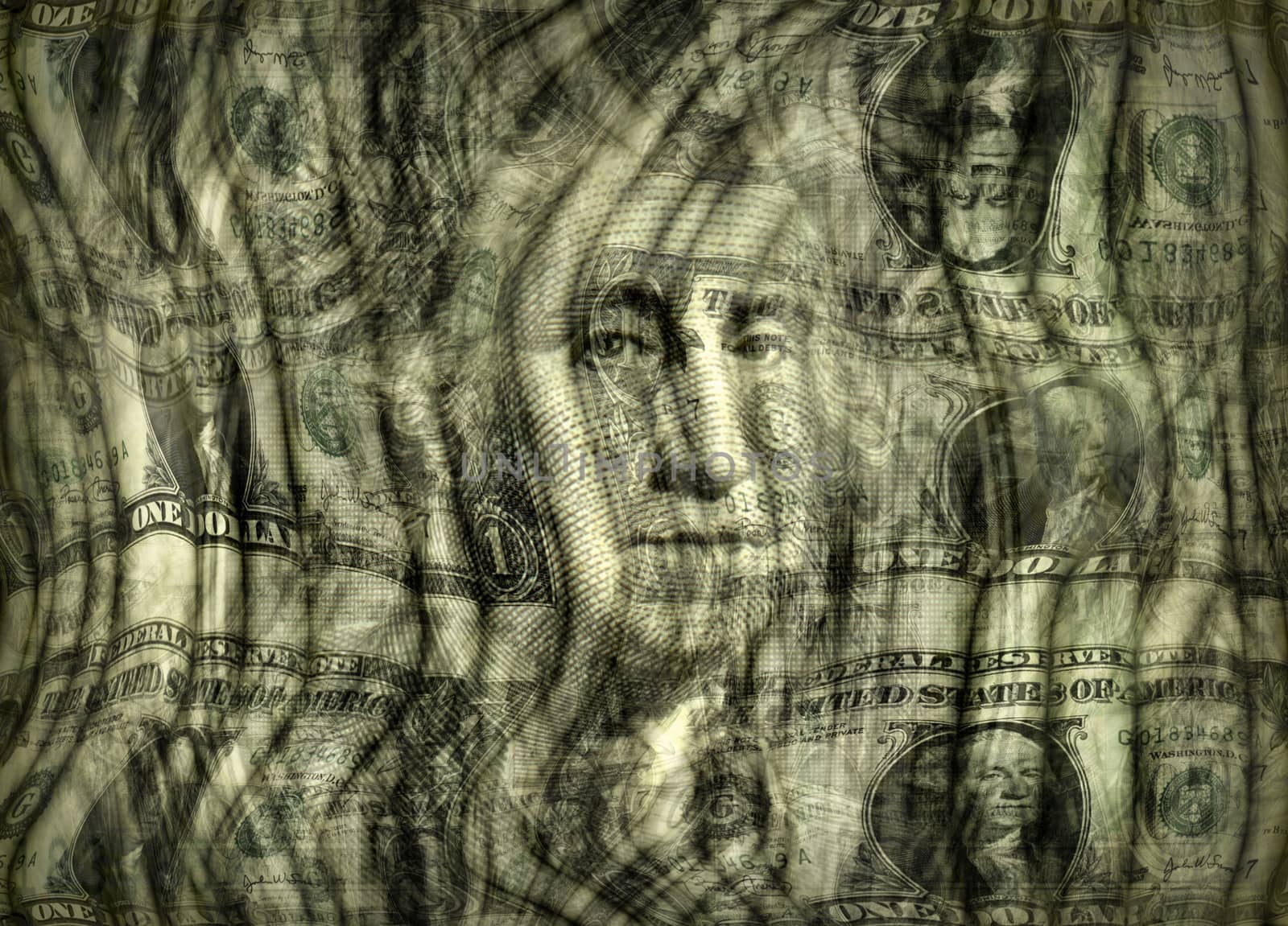Photo illustration of the U.S. one dollar bill presented in a dreamy distorted design.