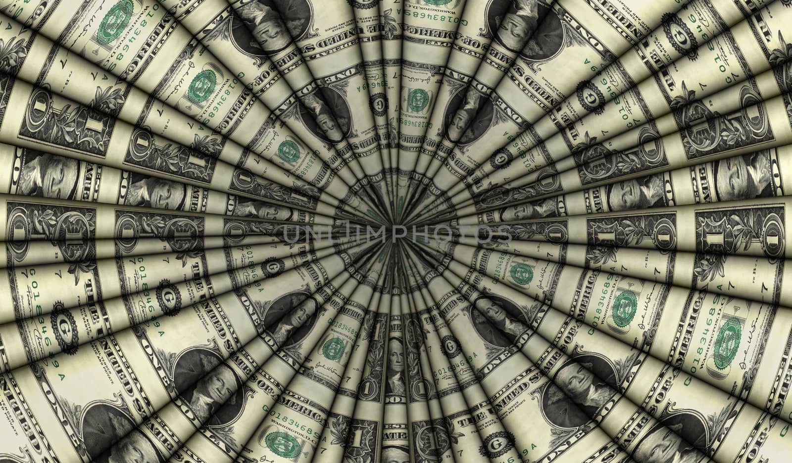 Photo illustration of the U.S. one dollar bills in cone shapes arranged around a center point like a roulette wheel.