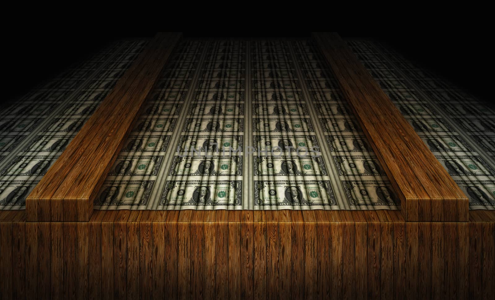 A sheet of United States one dollar bills on a wooden inspection table.