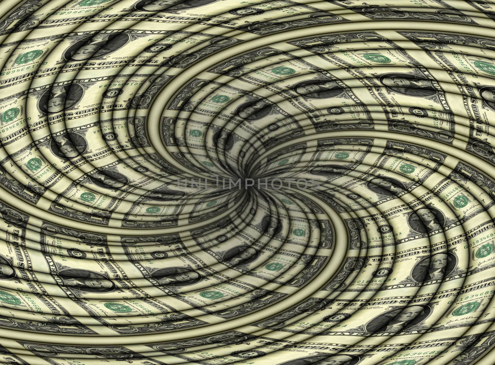 Photo illustration of a sheet of U.S. one dollar bills spiraling to center point.