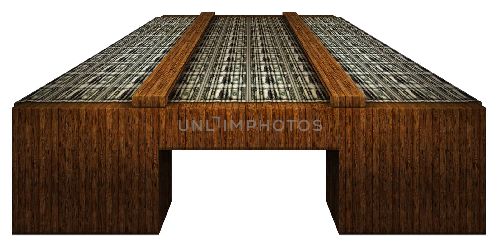 A sheet of United States one dollar bills on a wooden inspection table.